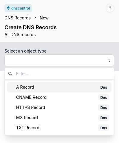 DNS Record Type Dropdown